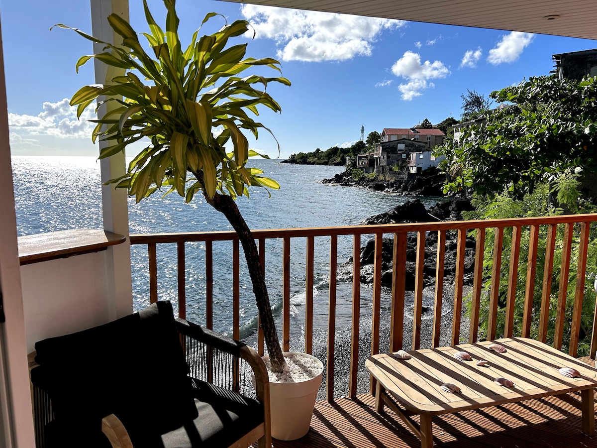 A private terrace overlooks the shimmering waters of the bay, with engaging views of nearby coastal houses. A vibrant potted plant is positioned beside a chair, while a wooden table offers a natural touch to the outdoor space.