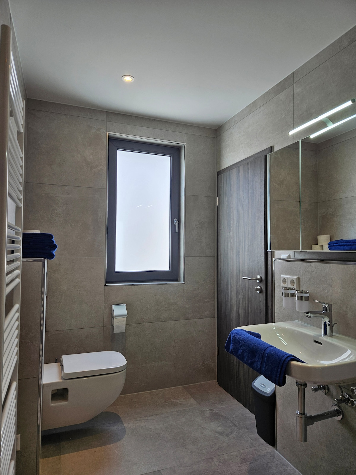 A modern bathroom is presented with sleek grey tiles and minimalist design. Natural light filters through a narrow window. A white toilet and a compact sink with chrome fixtures are included, alongside a heated towel rack. Blue towels are neatly placed on the rack.