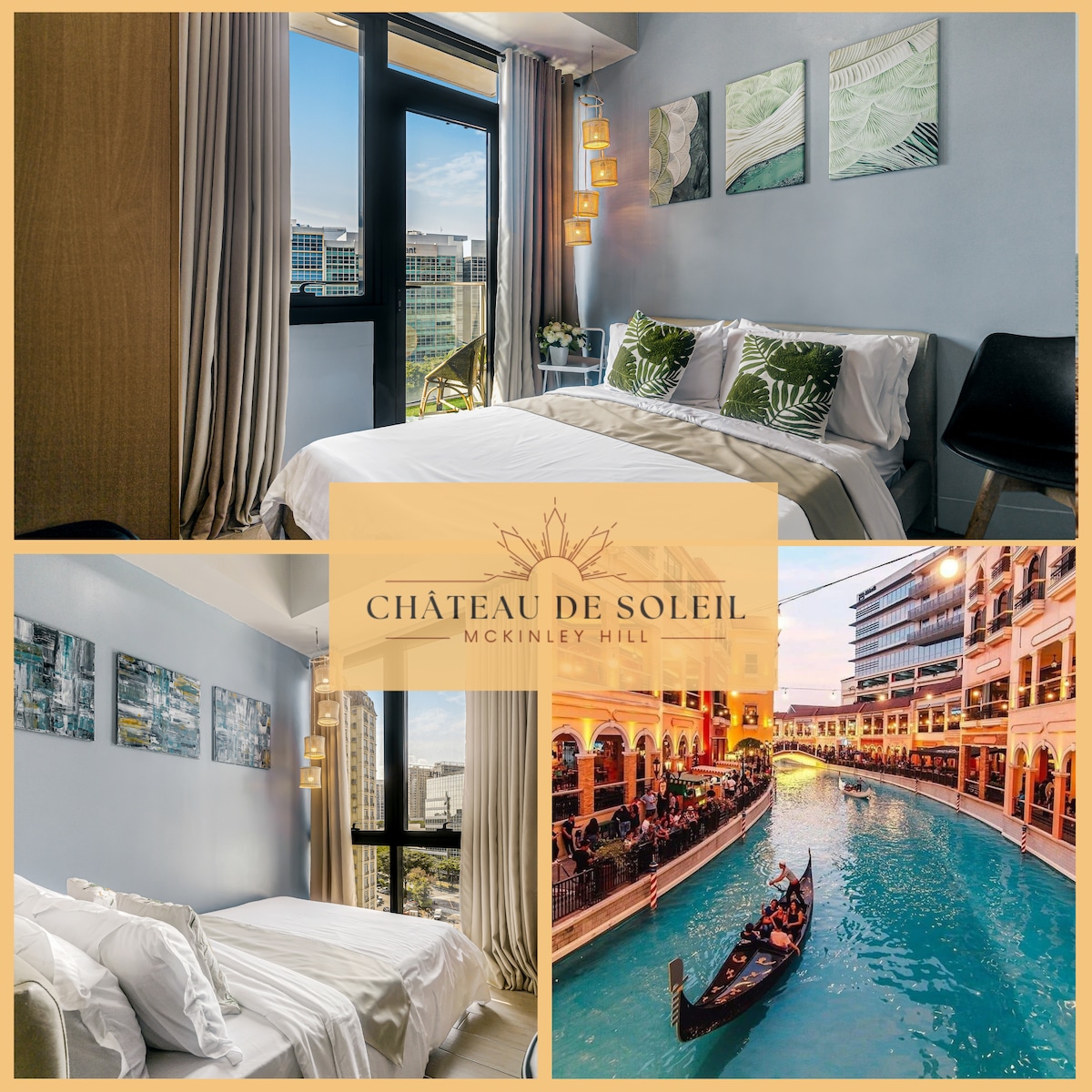A well-lit bedroom features a cozy design with a spacious bed, complemented by large windows providing city views. Decorative artwork adorns the walls, and natural light filters through the soft curtains. A gondola ride on the canal can be seen through the window, adding to the serene setting.