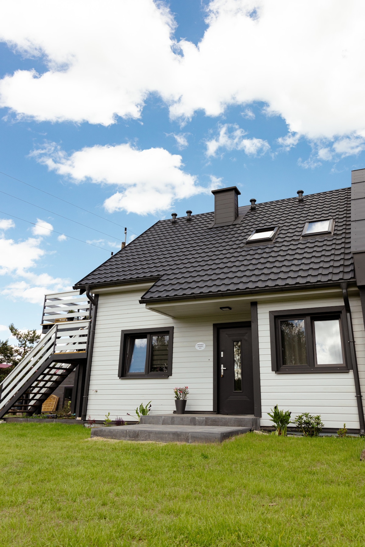 A two-story house is depicted with a sloped black roof and light-colored siding. A small staircase leads to the entrance, which is flanked by windows. The grassy lawn features minimal landscaping with small plants, and a blue sky filled with clouds is visible above.