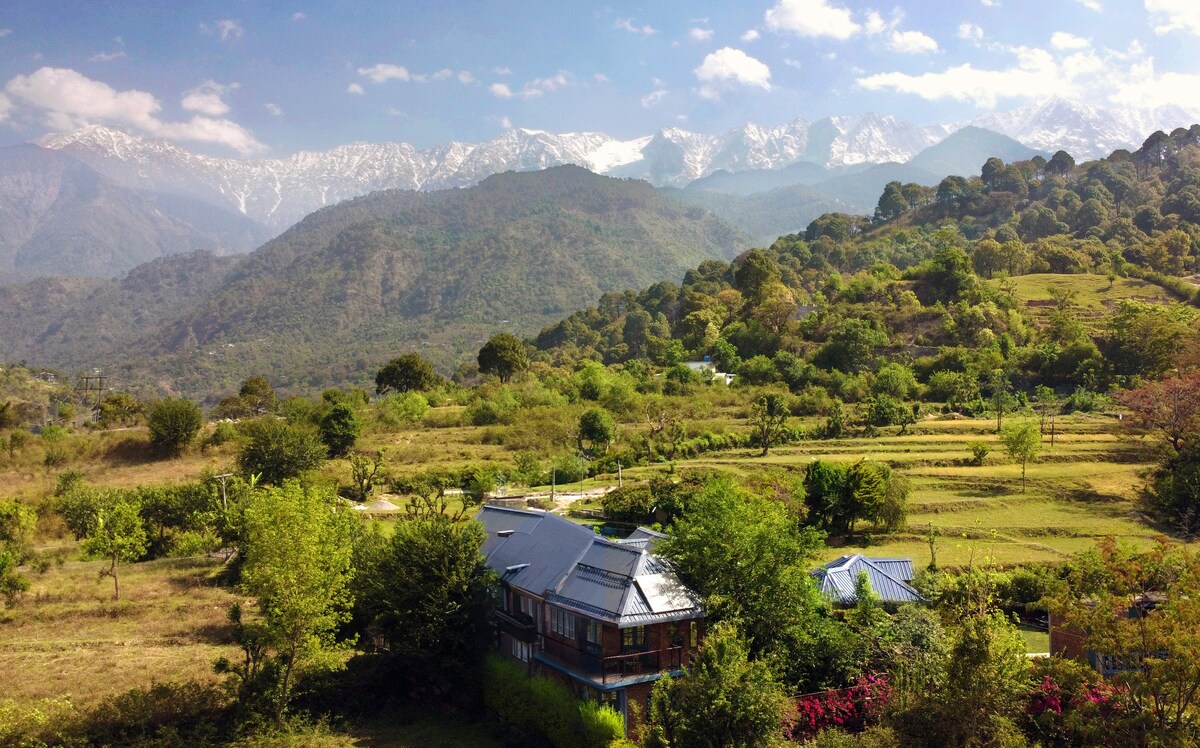 A scenic view captures the cottage nestled among lush greenery and vibrant landscapes. The majestic Dhauladhar mountains rise in the background, adorned with snow, while the undulating terrain is dotted with trees and fields, creating a serene and tranquil environment.