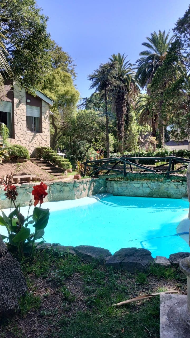 The image captures a serene outdoor area featuring a natural swimming pool surrounded by lush greenery and palm trees. A stone pathway leads toward the house, which is partially visible, with vibrant flowers in the foreground enhancing the tranquil setting.