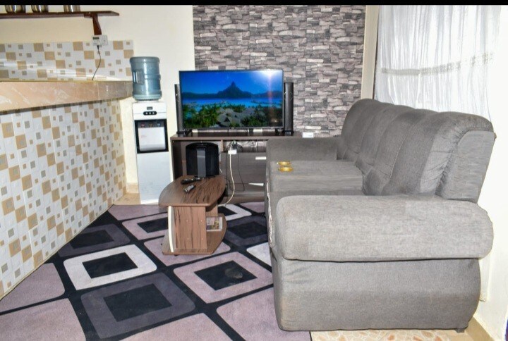 A comfortable seating area features a gray couch and a low coffee table on a geometric rug. A flat-screen television is positioned on a media unit, and a water dispenser is visible nearby. Natural light filters through sheer white curtains.