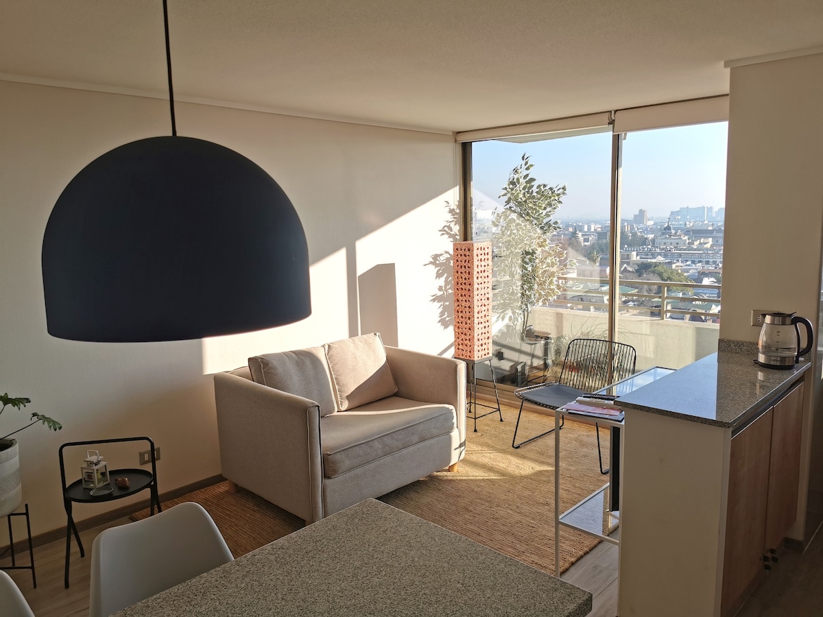A modern living area features a light-colored sofa facing a large window with city views. A black pendant light hangs above a dining table, while a small plant and a kettle are visible on the countertop. The space is complemented by a textured area rug.