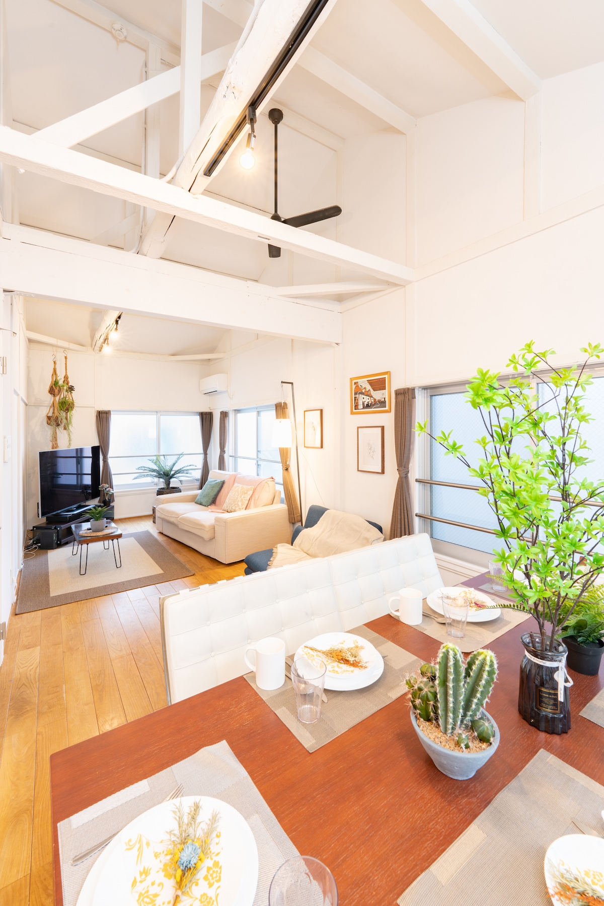 A bright dining area features a wooden table set with dishes and decorative plants, alongside a cozy living space with a comfortable sofa and a television. Large windows allow ample natural light to illuminate the room, with a high ceiling enhancing the open atmosphere.