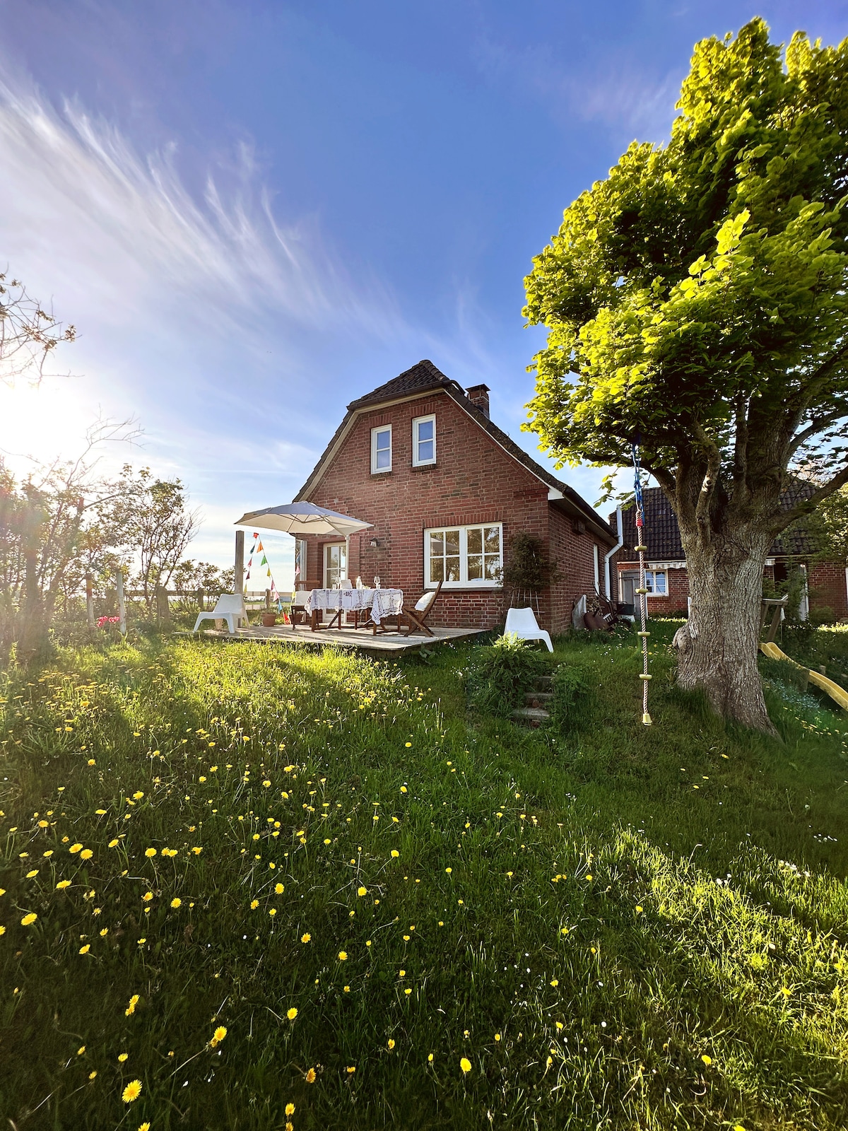 A red-brick house is depicted surrounded by green grass and blooming yellow flowers. A wooden terrace is visible, furnished with white seating. Lush trees provide shade, while a clear blue sky features wispy clouds, creating a serene natural setting.