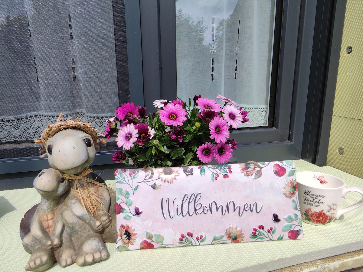 A welcoming display is featured on a windowsill, showcasing a decorative sign that reads 'Willkommen.' A small potted plant with vibrant purple flowers is surrounded by two charming animal figurines, adding a touch of warmth to the setting. A cup is visible nearby.