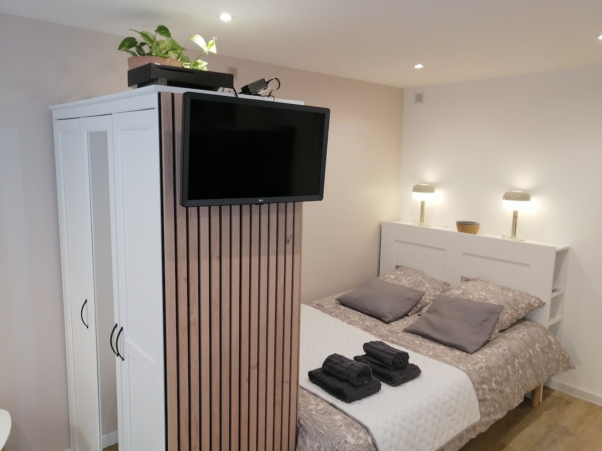 A cozy sleeping area features a spacious bed with gray linens, flanked by two bedside lamps. A flat-screen TV is mounted on a partition, while a potted plant adds a touch of green above. Fresh towels are neatly arranged at the foot of the bed.