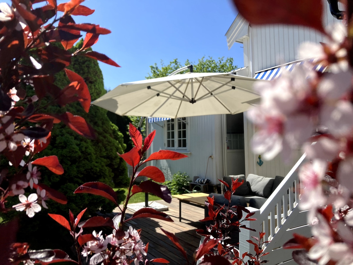 A serene outdoor space is highlighted, featuring a large white umbrella providing shade over a wooden deck. A comfortable seating arrangement is visible, surrounded by vibrant greenery and blooming flowers that add natural beauty to the setting.
