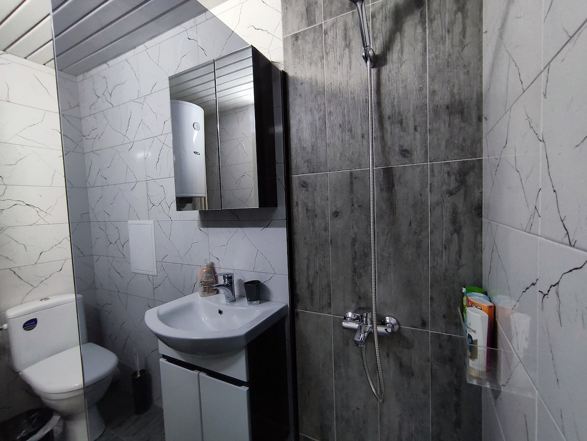 A modern bathroom features sleek gray and white tiled walls. A shower area is equipped with a wall-mounted showerhead, and a contemporary sink with a vanity holds essential toiletries. A large mirror reflects the space, enhancing its bright and functional design.