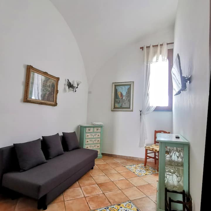 მისაღები ოთახი ნათელი და მყუდროა. Კომფორტული დივანი ტელევიზორის წინ