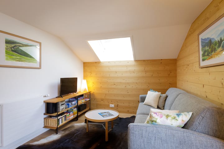 Salon très lumineux avec TV et canapé-lit.