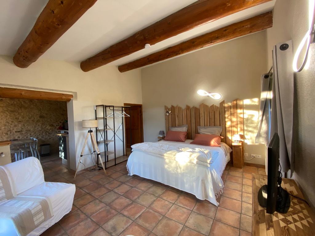 A bright sleeping area features a spacious bed with two pillows, accented by natural light filtering through a window. Rustic wooden beams add character, while a cozy armchair and a television provide comfort. A small kitchenette is visible in the background.