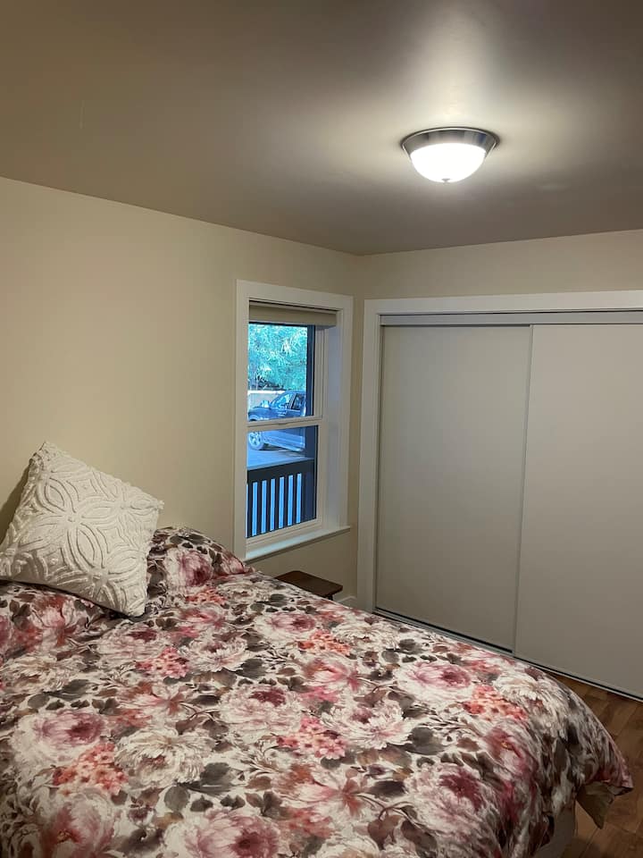 This bedroom is larger than it looks. Lots of space to set up a playpen or the FOLD UP COT that we have stored in the closet. 
