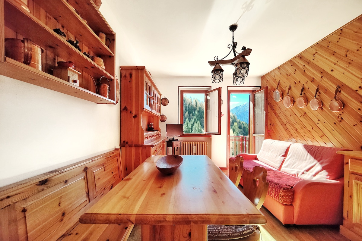 A wooden dining table is set against the wall, paired with matching chairs. A cozy sofa is positioned near a window, allowing natural light to illuminate the room. Scenic mountain views are visible through another window, enhancing the warm wooden decor.