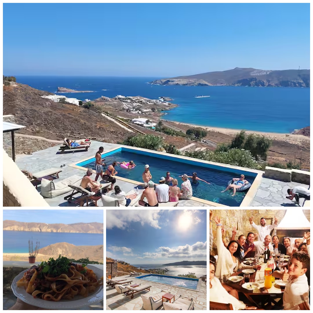 An inviting outdoor area features a private pool overlooking the Aegean Sea, surrounded by sunbeds. Guests enjoy a lively atmosphere, with stunning water views in the background. A beautifully arranged dining table captures a moment of celebration, emphasizing the villa's appealing setting.