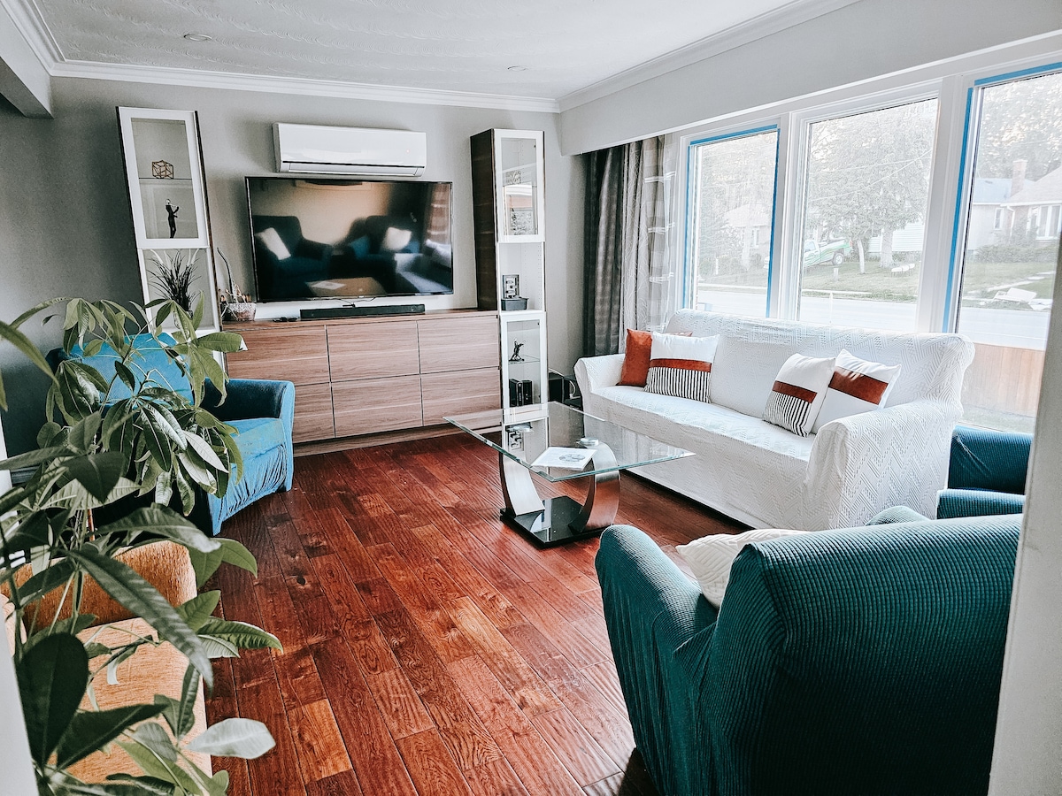 A bright living room features large windows allowing natural light to illuminate the space. Two blue armchairs and a white sofa surround a glass coffee table, while a television is mounted on a light wood cabinet. Decorative shelves and plants add a touch of warmth.