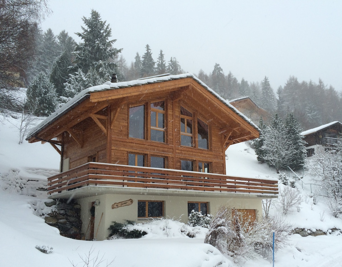 The chalet features a sloped roof, wooden exterior, and large windows allowing natural light to fill the space. A spacious balcony extends along the front, surrounded by a snowy landscape highlighted by trees and neighboring houses, offering a peaceful winter atmosphere.