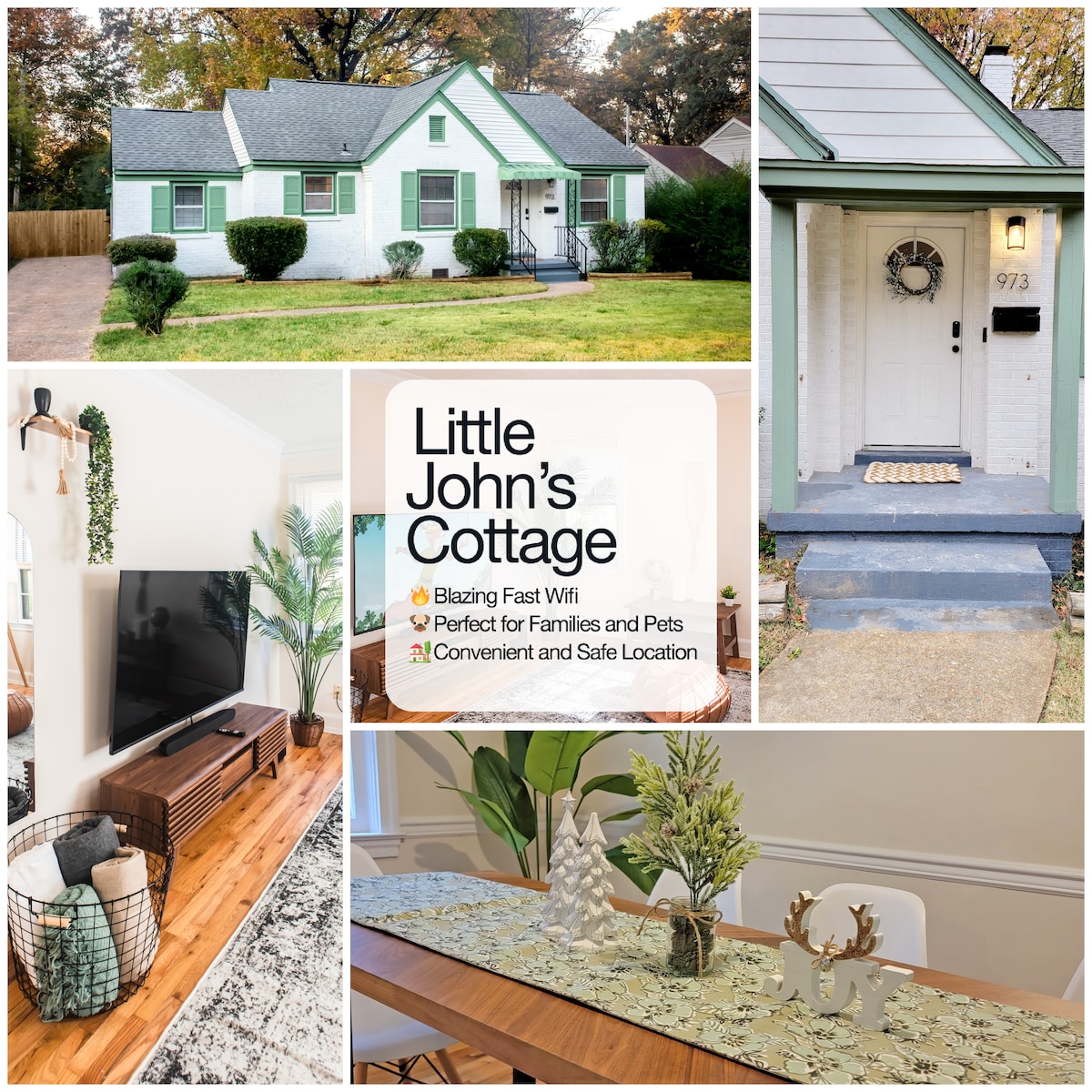 Little John's Cottage presents a charming façade with a well-maintained lawn, leading to a welcoming front door. Inside, a cozy living area features a large TV, while the dining space is set with an elegant table arrangement. The unique décor adds a homey touch throughout.