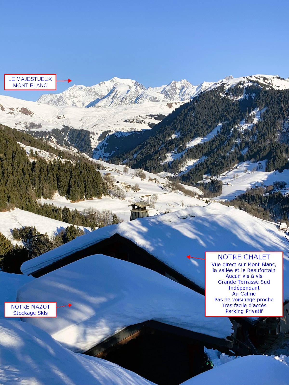 The image captures a stunning mountain landscape with a direct view of Mont Blanc. Snow-covered rooftops are visible in the foreground, surrounded by pine trees and rolling hills beneath a clear blue sky. The expansive mountain range frames the scene, highlighting the natural beauty.