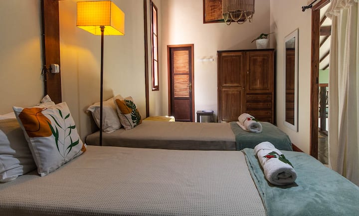 Დიდი სამადგილიანი ფლიგელი 2 ერთადგილიანი საწოლით ( შეიძლება გამოყენებულ იქნას, როგორც ორადგილიანი საწოლი) და კომფორტული 4 ადგილიანი დივანი დასაძინებლად.  
Ცხელი/ცივი კონდიციონერი 
Აივანზე გასასვლელი უკანა ეზოსა და მდინარის სრული ხედით.
Ფანჯარა ქუჩას გადაჰყურებს.