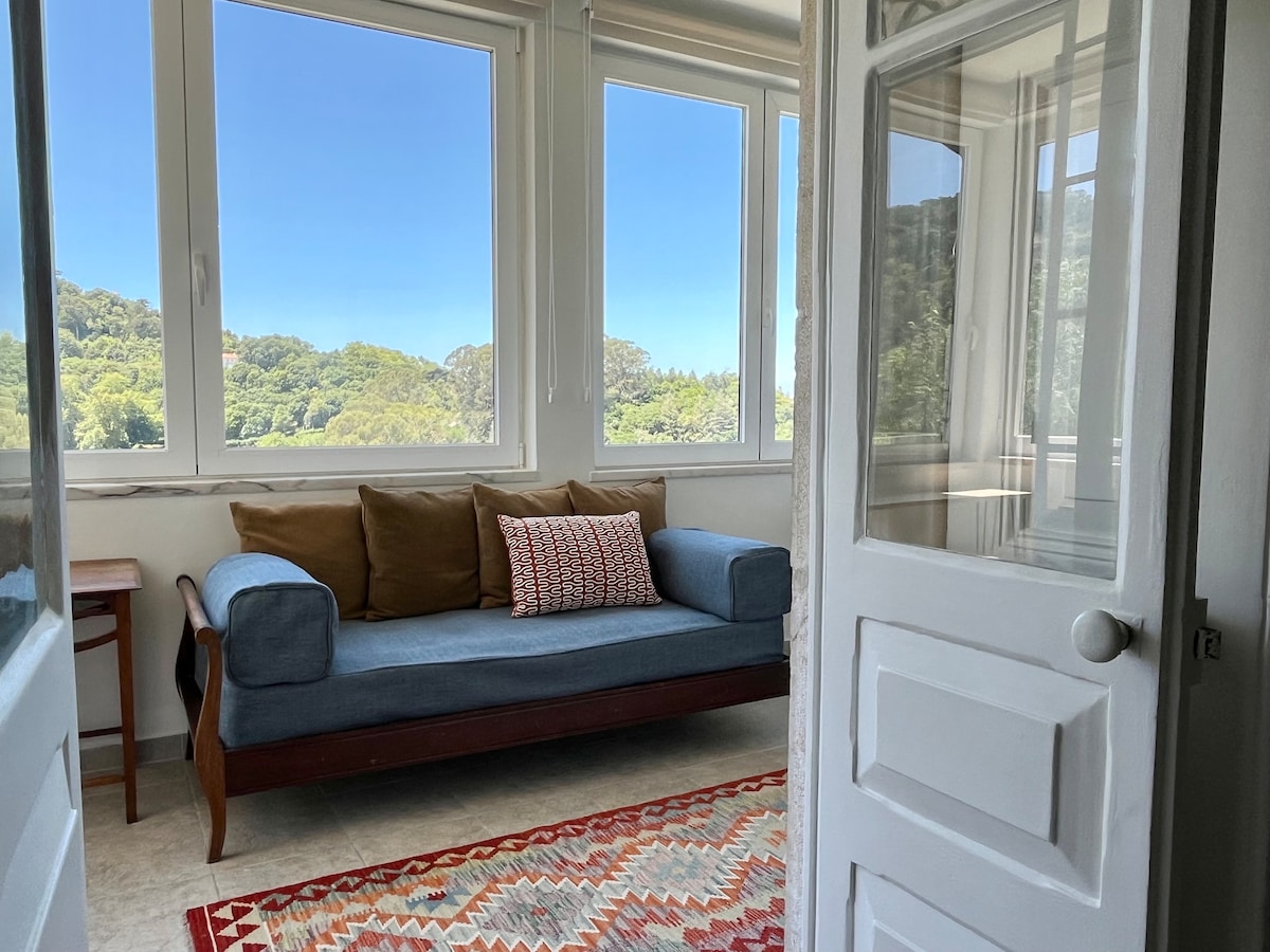 A bright sunroom is depicted, featuring large windows that frame views of the lush greenery outside. A comfortable blue sofa is positioned adjacent to a wooden table, while a colorful area rug enhances the space's charm.
