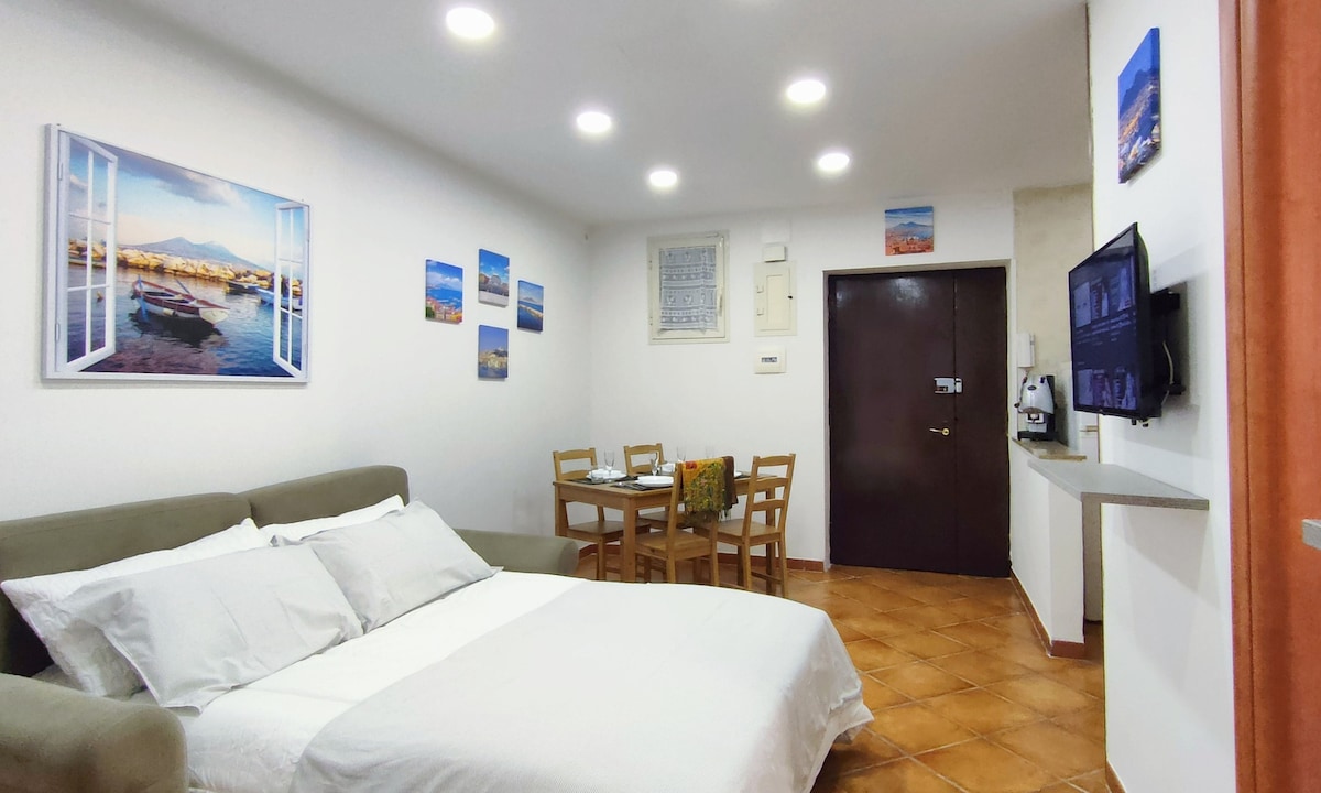 Всекидневната е не само просторна, но и комплимент за Неапол! Картините изобразяват Везувий, Кастел дел Ово, Маскио Ангионо и други чудеса на града, предлагащи артистична обиколка на най - емблематичните места