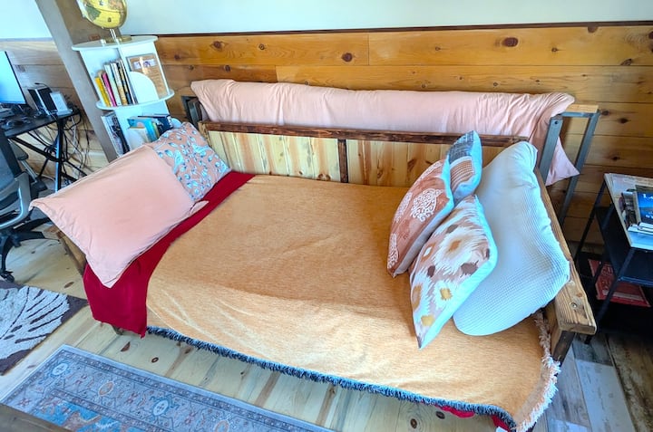 A look at the blue pine construction of the daybed, which is a standard twin.