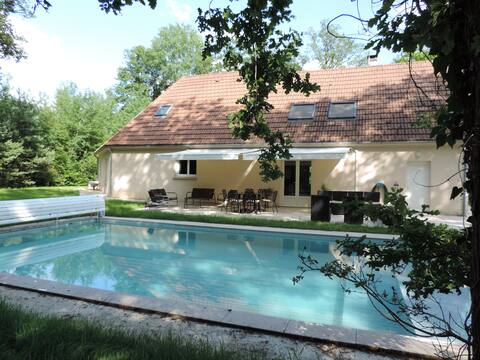 New house with swimming pool in a wooded area