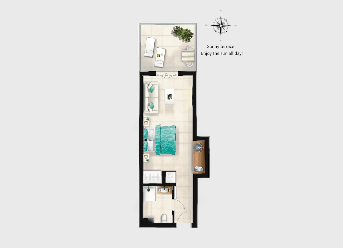 A floor plan of Vista Studio is displayed, highlighting the layout of a spacious area with a king-size bed, fully equipped kitchen, and a sunny private terrace. The terrace features seating arrangements, lending itself to outdoor relaxation. Clear designation of amenities is marked within the plan.