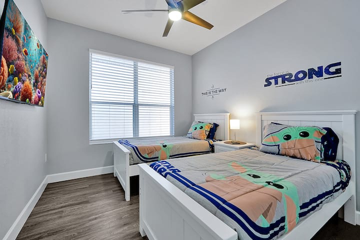 Playful and exciting — a galaxy-inspired sleep space where young guests can dream of adventures far, far away. Clean, cheerful, and full of character.