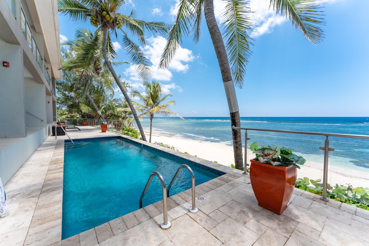 A serene outdoor space features a pool with steps leading into it, surrounded by palm trees. A sandy beach and the ocean are visible in the distance under a clear blue sky. Planters with greenery are situated near the pool area.