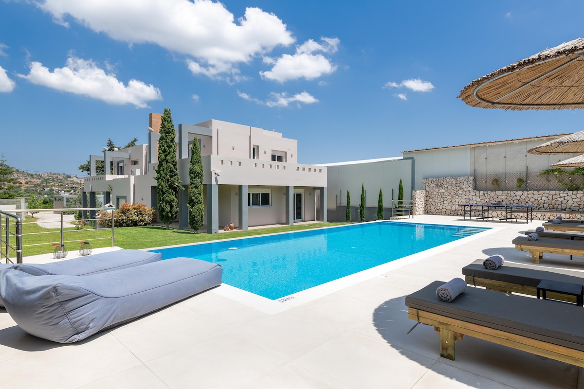 An expansive private swimming pool is highlighted, surrounded by comfortable sunbeds and a manicured lawn. The villa's modern design features clean lines and a neutral color palette. Lush trees provide shade near the pool area, enhancing the outdoor experience under a clear blue sky.