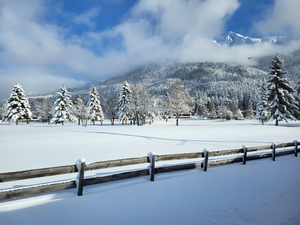 A snowy landscape features a white blanket of untouched snow covering the ground. Pine trees, dusted with snow, rise in the background against a mountainous backdrop. A wooden fence outlines the foreground, creating a serene winter scene under a bright blue sky.