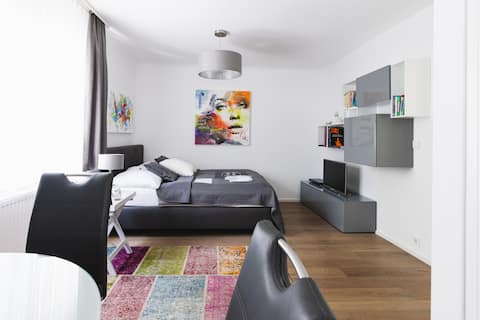 Near the city center in a green area with a garden