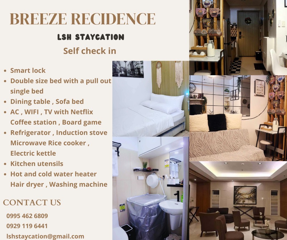 The image displays a compact living space featuring a sofa bed, dining table, and various kitchen appliances such as a refrigerator and electric kettle. A well-appointed bedroom includes a double bed with a pull-out single bed, and the bathroom showcases modern amenities like a hot and cold water heater.