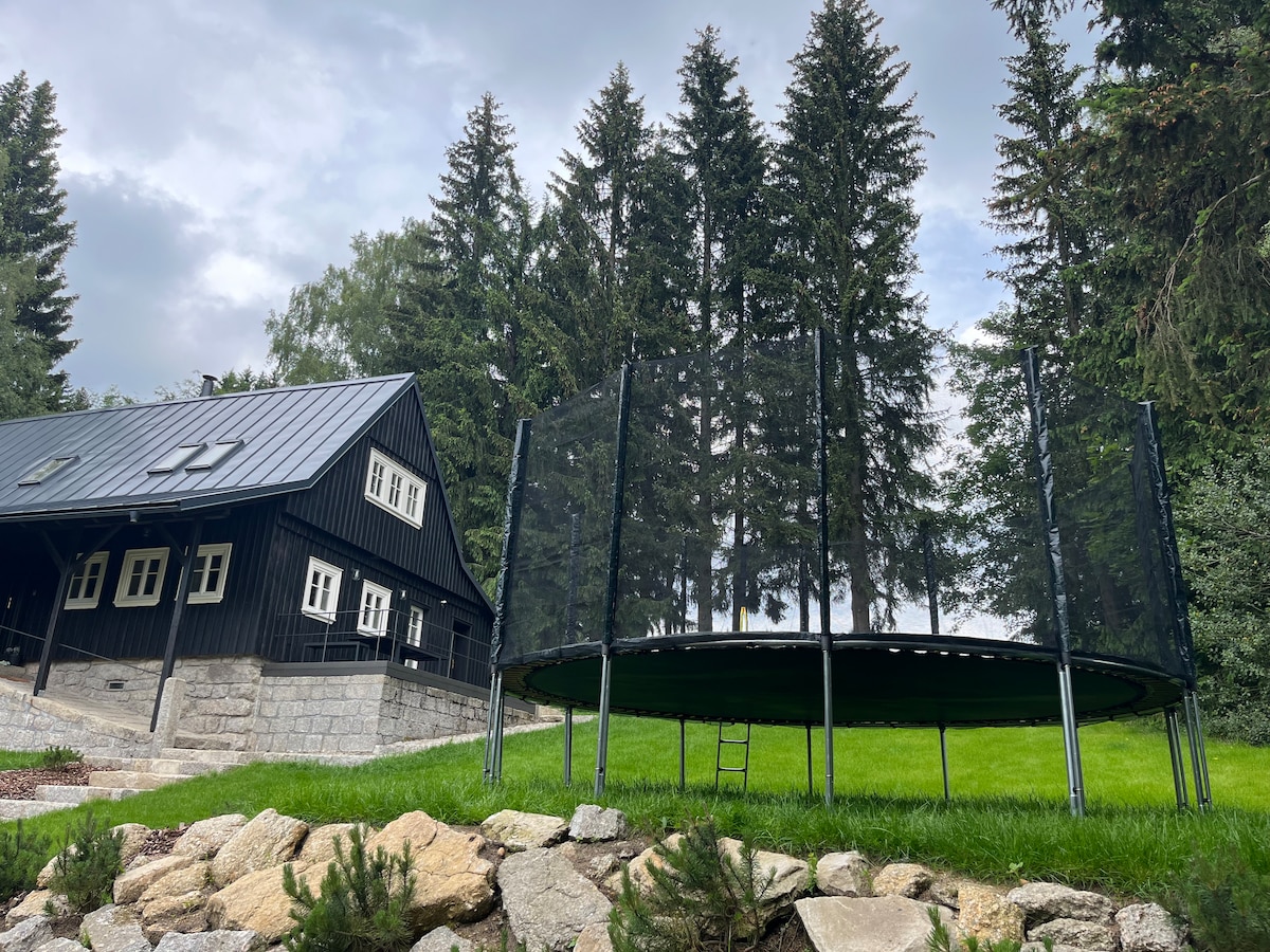 A spacious trampoline is set on a grassy area, surrounded by tall trees. The rustic black chalet is visible nearby, showcasing large windows and a sloped roof. Natural stone features complement the outdoor space, enhancing the inviting environment for family activities.