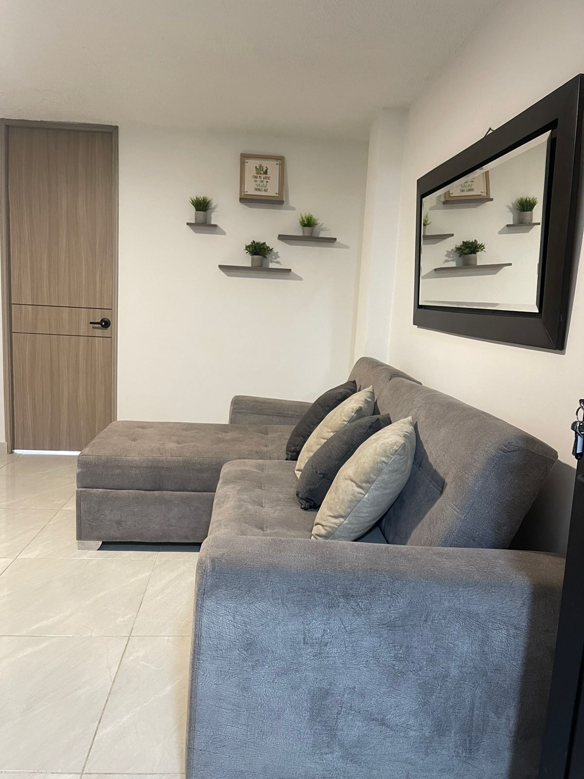 A modern seating area features a gray sectional sofa complemented by decorative cushions. Above, wall-mounted shelves display small green plants. A large mirror reflects the natural light in the space, adding depth to the room. Light-colored flooring enhances the bright ambiance.