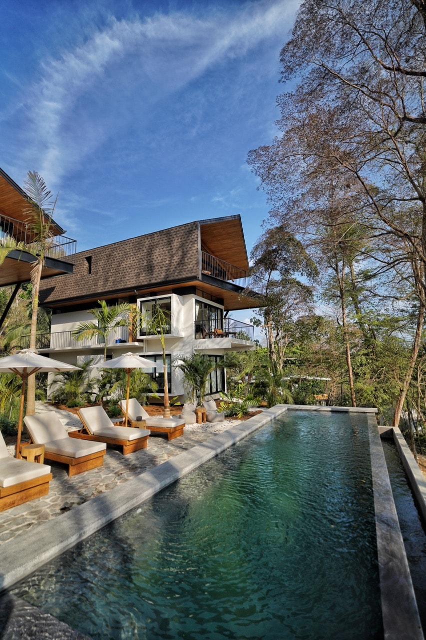 An outdoor area showcases a modern building surrounded by lush greenery. A tranquil infinity pool runs alongside spacious lounge chairs, complemented by umbrellas. Gentle waves of the pool reflect the serene blue sky above, creating a peaceful environment for relaxation.
