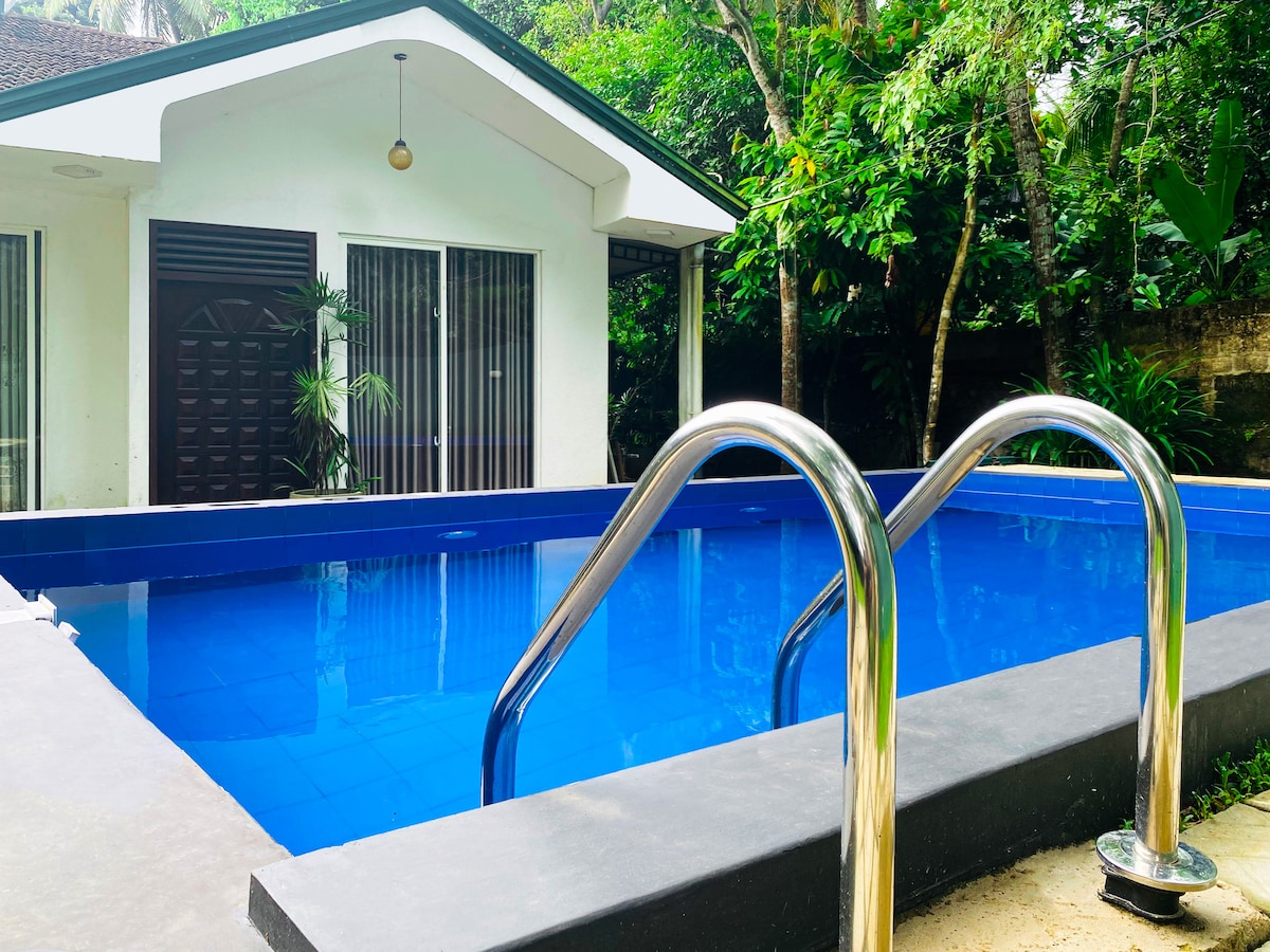A swimming pool with clear blue water is framed by a sleek, dark stone edge. A set of stainless steel steps leads into the pool. Lush greenery surrounds the area, contributing to a sense of privacy and tranquility.