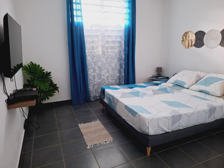 Queen size-säng samt dess smart-TV.