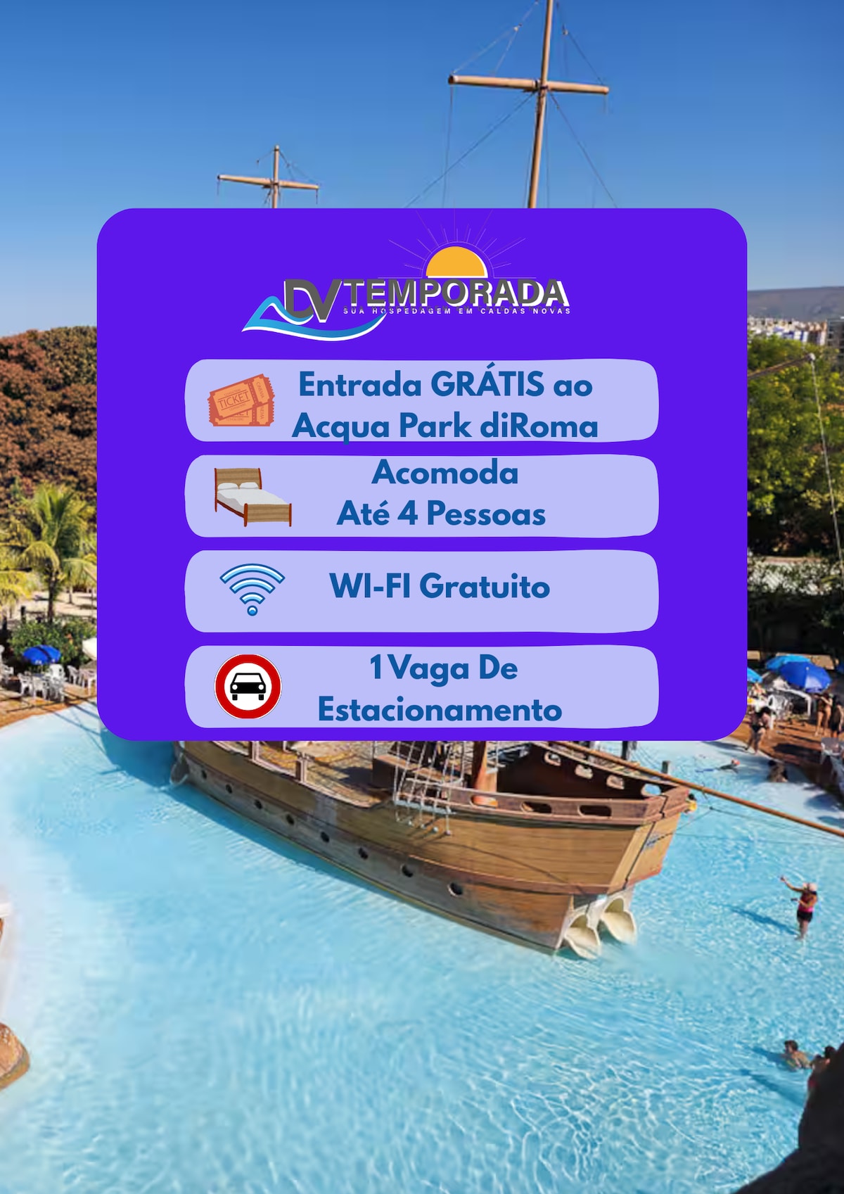 A vibrant image captures the Acqua Park diRoma, featuring a large water slide and a variety of pool areas with guests enjoying the sunny day. A pirate ship structure is visible, surrounded by lush greenery and inviting blue water.