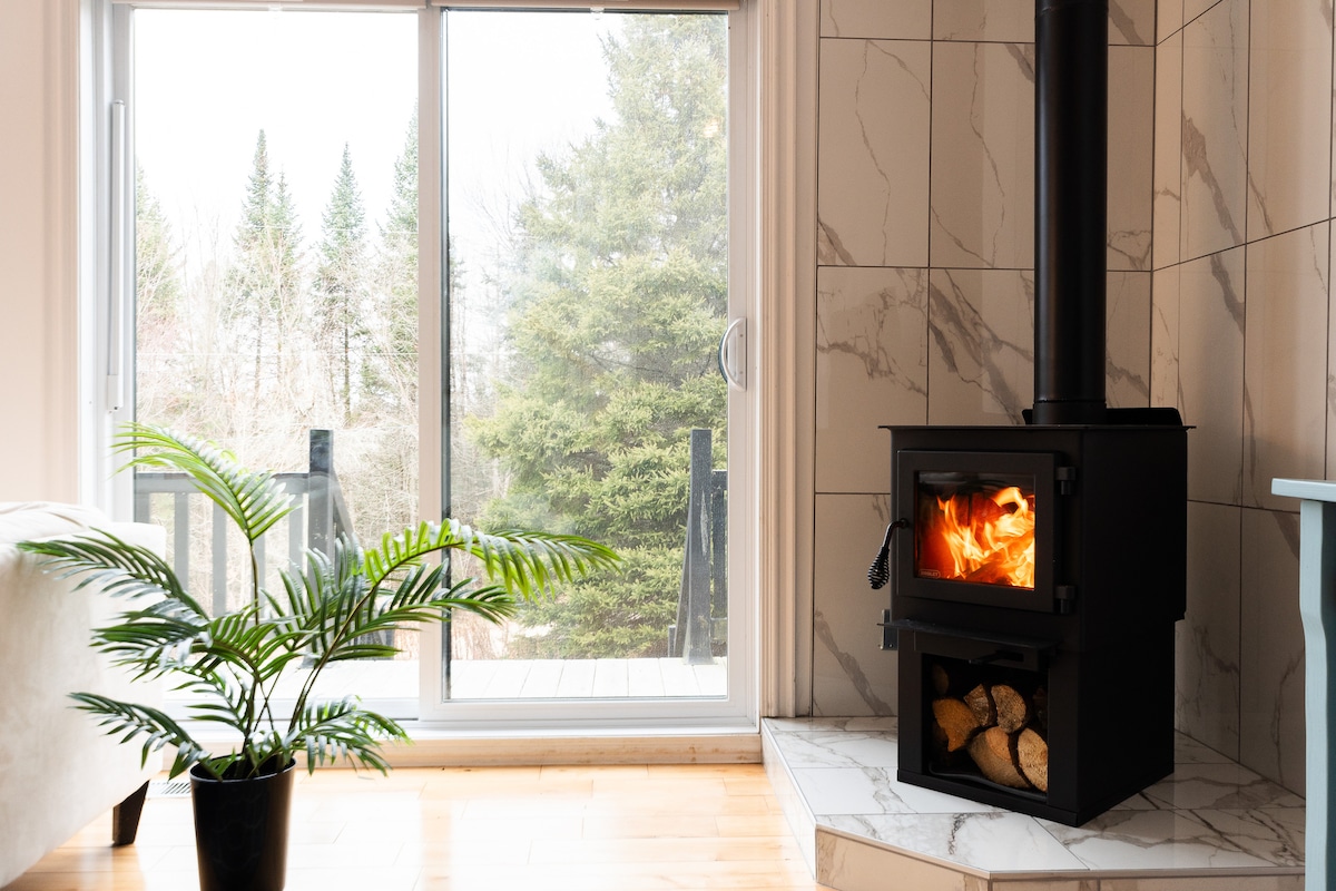 A contemporary wood stove is positioned against a marble wall, with a view of trees visible through large glass doors. A potted plant adds a touch of greenery, enhancing the relaxing atmosphere of the living space.