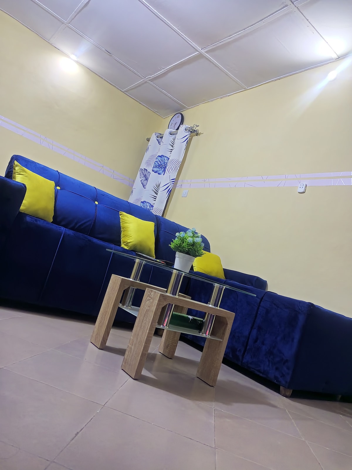 A comfortable seating area is presented with a blue sectional sofa adorned with yellow accent pillows. A small wooden coffee table sits in the center, complemented by a decorative plant. Soft lighting from the ceiling enhances the relaxed ambiance.