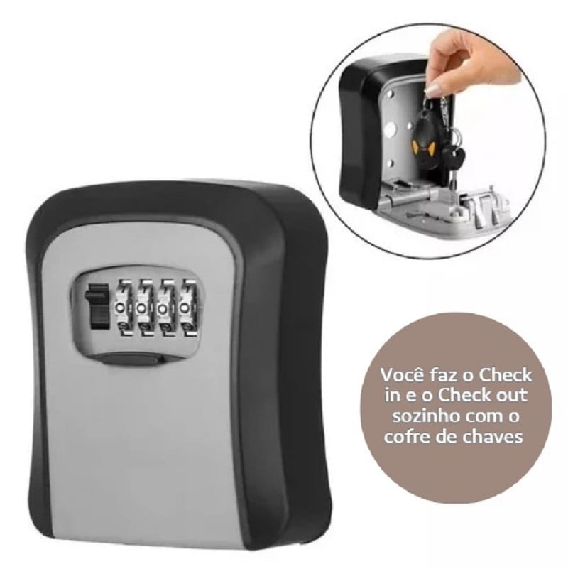 A secure key safe is shown, featuring a combination lock and a compact design. The safe allows for self-check-in and check-out, providing convenience for guests. A keychain hangs inside, indicating the storage capability for keys.
