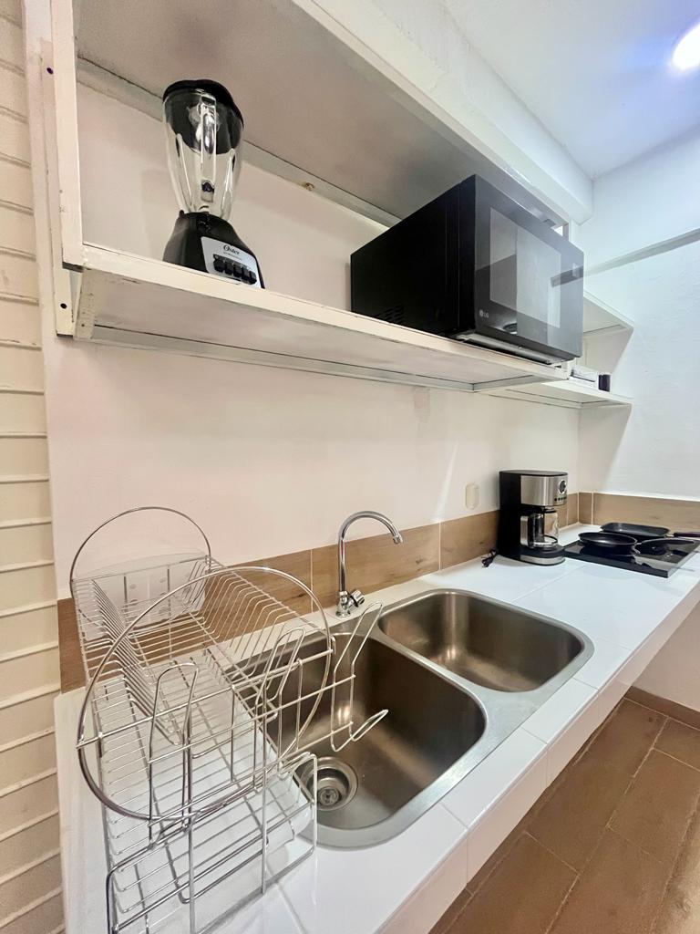 The well-equipped kitchenette features a double sink with a sleek faucet and a drying rack nearby. Above the counter, a blender and a microwave are positioned alongside a coffee maker, providing essential appliances for meal preparation.