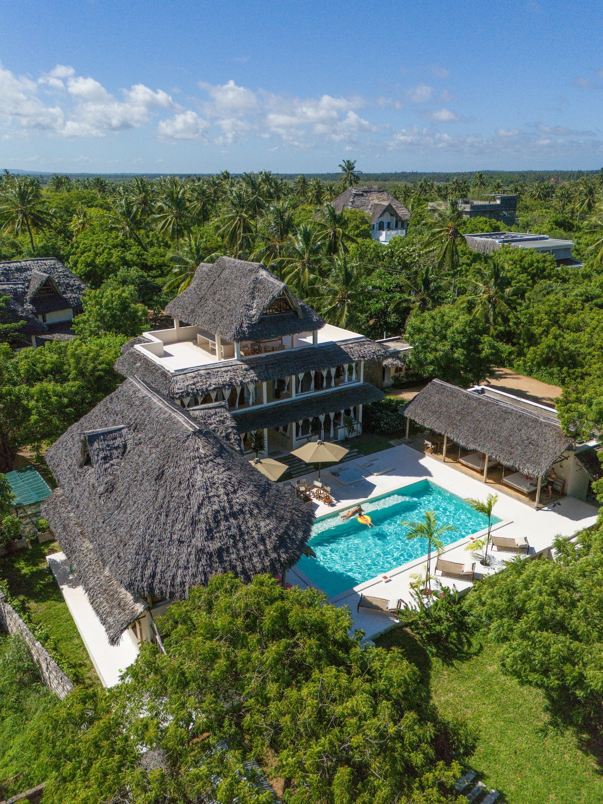 An aerial view of the villa reveals a striking design with a thatched roof and open-air layout. The sparkling pool is surrounded by lush greenery and palm trees, offering a tranquil retreat. Sun loungers and shaded areas enhance the inviting outdoor space.