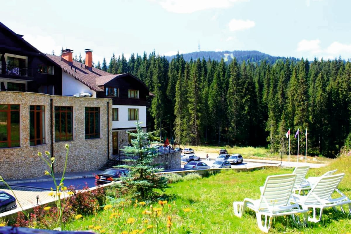 A spacious grassy area is depicted in the foreground, featuring several white lounge chairs. The exterior of the multi-level building is visible, showcasing a blend of stone and wood elements. Lush green trees surround the area, creating a natural retreat atmosphere.