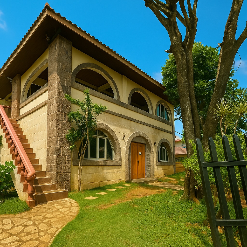 The exterior of a two-story structure is shown, featuring a beige stone facade and large arched windows. A wooden door is centered on the ground floor, and a staircase leads to the upper level. Lush greenery and a well-maintained pathway frame the building.