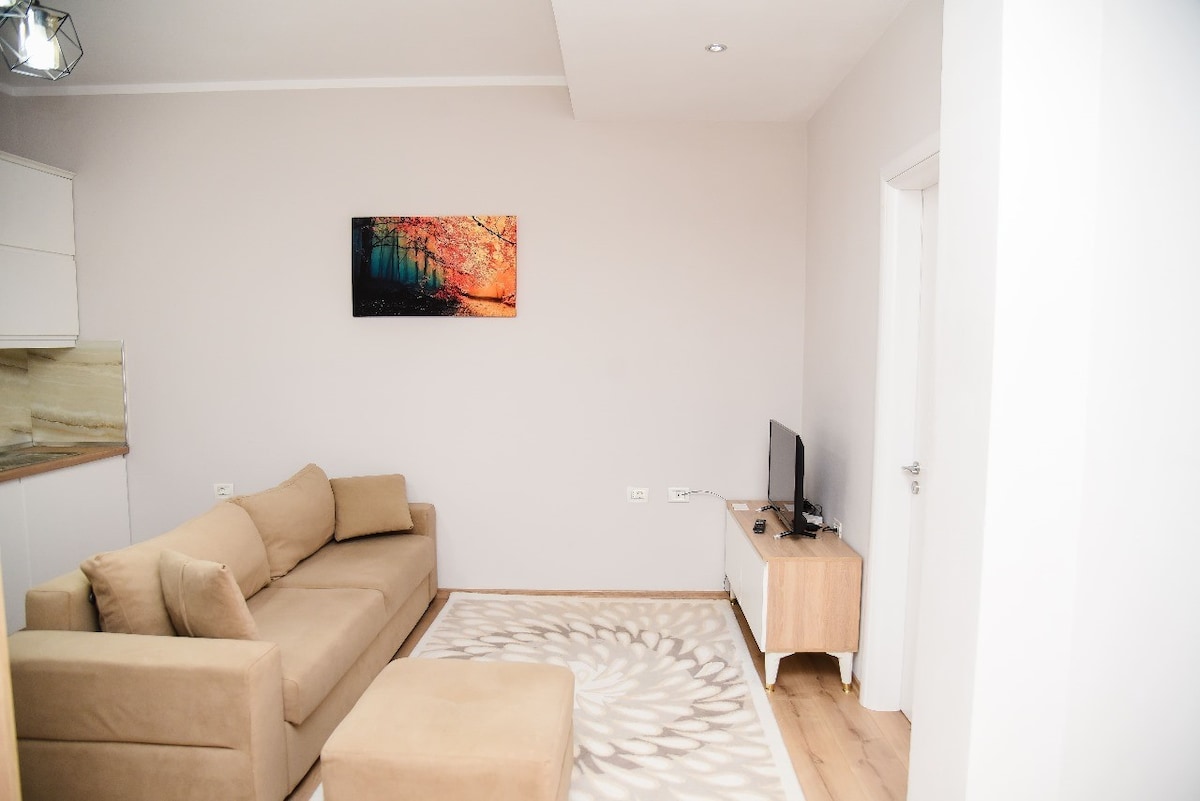 A living room area is presented, featuring a light brown sofa arranged against a neutral wall. A flat-screen television is positioned on a wooden media console. A decorative rug with a floral pattern is placed on the wooden floor, complemented by a colorful wall art piece above the sofa.